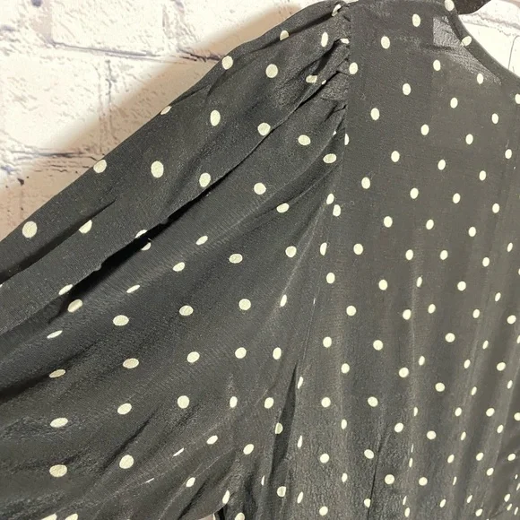 New H&M Black and White Polka Dot Puff Sleeve Crepe V Neck Dress Size L